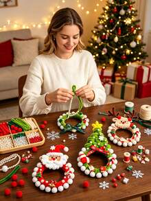 Bộ 1 set vật liệu làm vòng hoa treo Giáng Sinh DIY bằng ống lông mềm, trang trí treo hình ông già Noel, tuần lộc, người tuyết và cây thông kèm chuỗi ngọc trai và dây xoắn, đồ thủ công handmade trang trí phù hợp cho cửa sổ ô tô và nhà, gồm túi quà, quà tặng tiệc lễ Giáng Sinh handmade hoàn hảo - Bộ nguyên liệu DIY - Xem 8