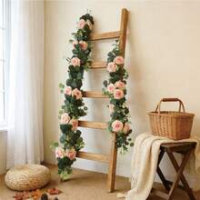 1pc 1.8m Artificial Rose Vine With Green Leaves, Fake Flower Garland For Room, Party, Home, Wedding, Birthday, Christmas Wall, Arch Decoration, Spring Red Flowers - Pinkish White - View 3