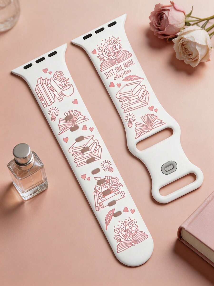 1件刻花書本圖案錶帶,兼容 40mm、41mm、42mm、44mm、45mm、46mm 和 49mm 尺寸。休閒/運動風格,柔軟舒適的刻花矽膠錶帶,適用於 SE 11 10 9 8 7 5 4 3 Ultra 系列。這款校園風智慧手錶錶帶適合男女使用。 - 書籍圖A-白配粉 - 查看 1