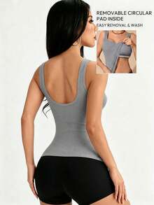 1pc All-Season Women's Ribbed Tank Top With Large U-Back, 2-In-1 Built-In Chest Pads, Slim Fit, Innerwear/Outerwear, Home Casual Solid Color Base Layer Top - Grey - View 1