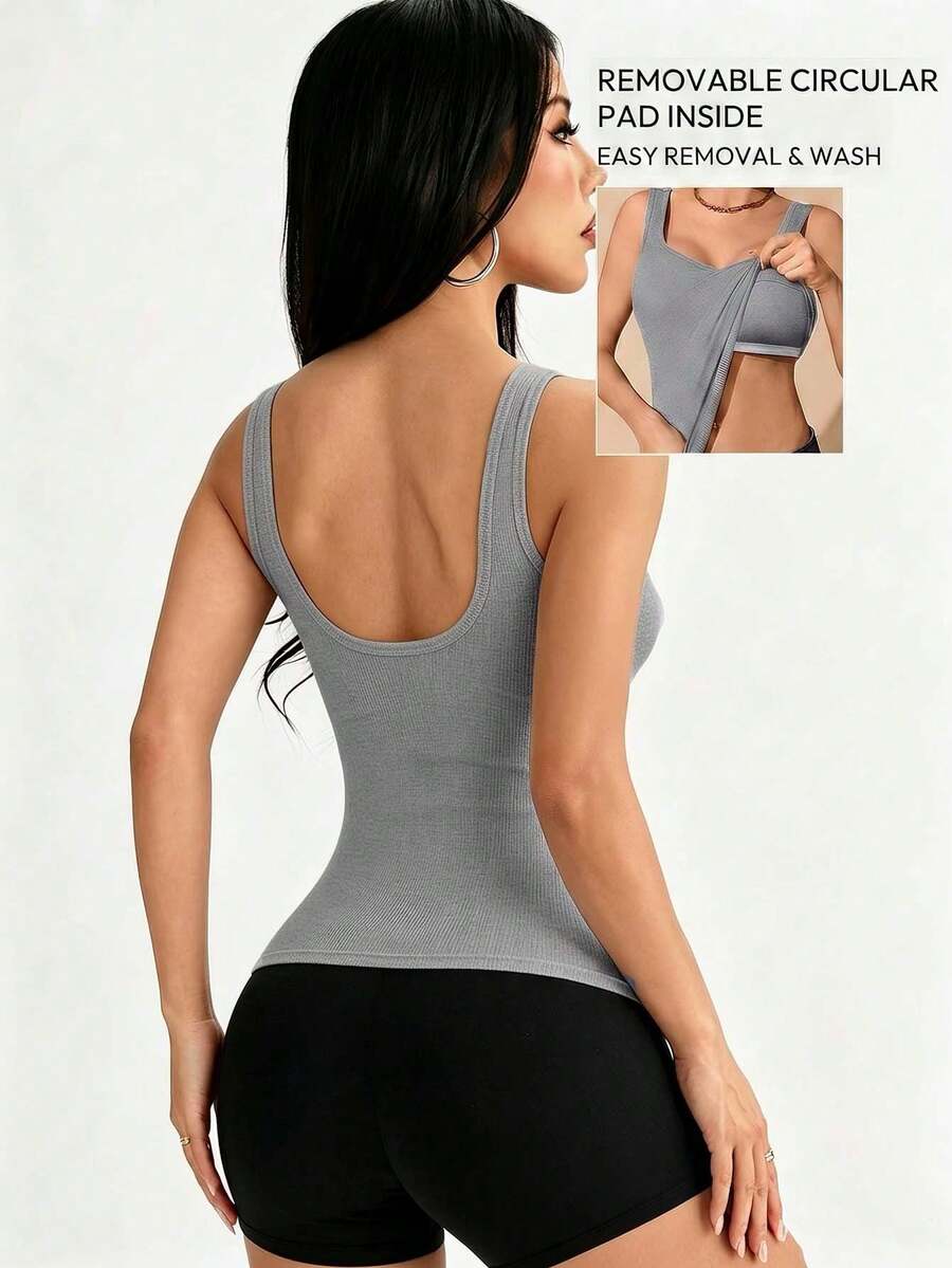 1pc All-Season Women's Ribbed Tank Top With Large U-Back, 2-In-1 Built-In Chest Pads, Slim Fit, Innerwear/Outerwear, Home Casual Solid Color Base Layer Top - Grey - View 1