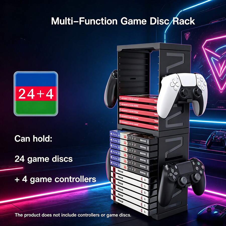 iplay Multifunktionaler Spielecontroller/Spielkassetten Aufbewahrungsständer zum Aufhängen (Schwarz) - Kann 24 Kassettenfächer und 4 Controllerhaken an der Seite halten, Produktgröße: 120*115*245mm