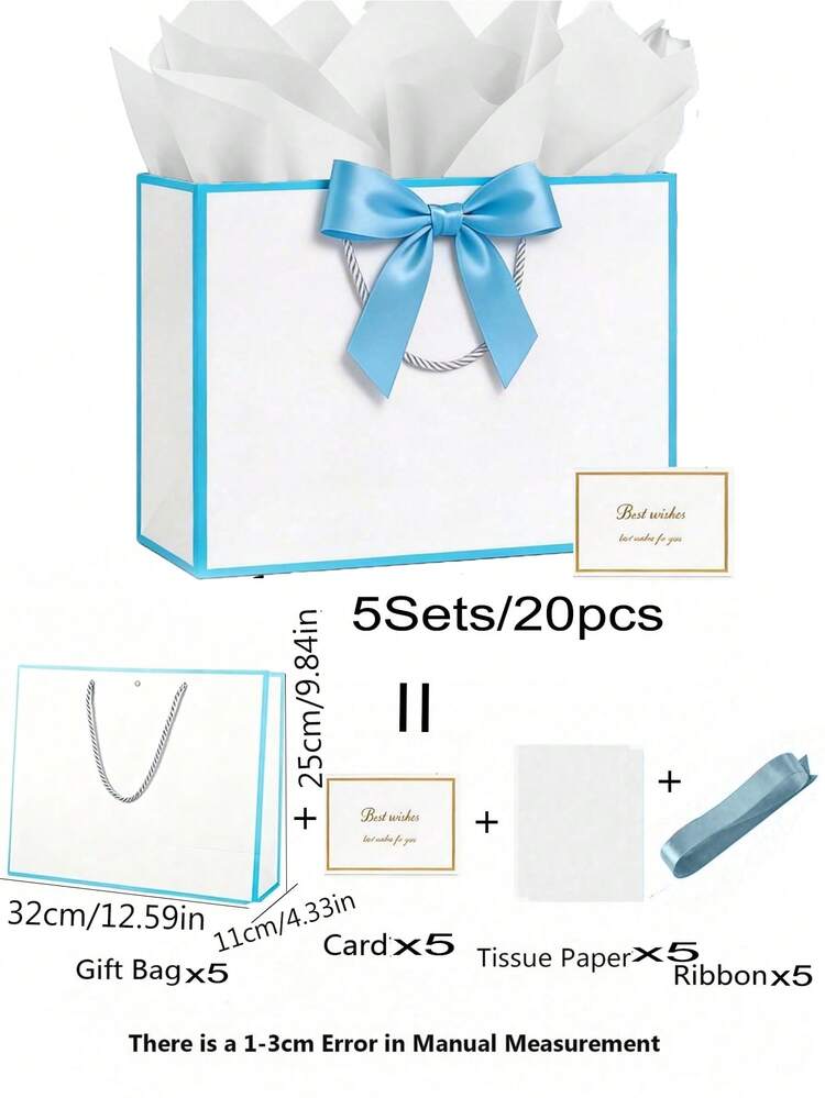 4件組禮品袋套裝，包含1個禮品袋、1張薄棉紙、1條緞帶和1張卡片，購物袋，附手柄包裝袋，蝴蝶結裝飾手提袋，高端紙袋，適合女孩婚禮派對、聖誕節、感恩節、新年、婚禮、生日禮物包裝袋，情人節伴娘女友派對禮物，情人節及其他場合 - 彩色 - 查看 23