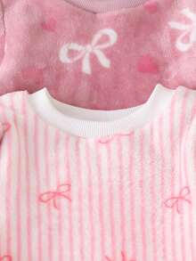 4pcs/Set Autumn/Winter Girls Bow Flannel Outwear 2 Pieces Set, Pink Striped & Bean Paste Two-Color All-Over Print Cute Bow Baby Round Neck Long Sleeve Long Pants Outfit - Pink - View 4
