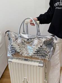 New Fashion Travel Bag, Solid Color Minimalist Niche Design With Sequins, Stylish And Cool, Suitable For Short Trips And Fitness, With Independent Shoe Compartment, Large Capacity, Versatile And Exquisite - Silver - View 11