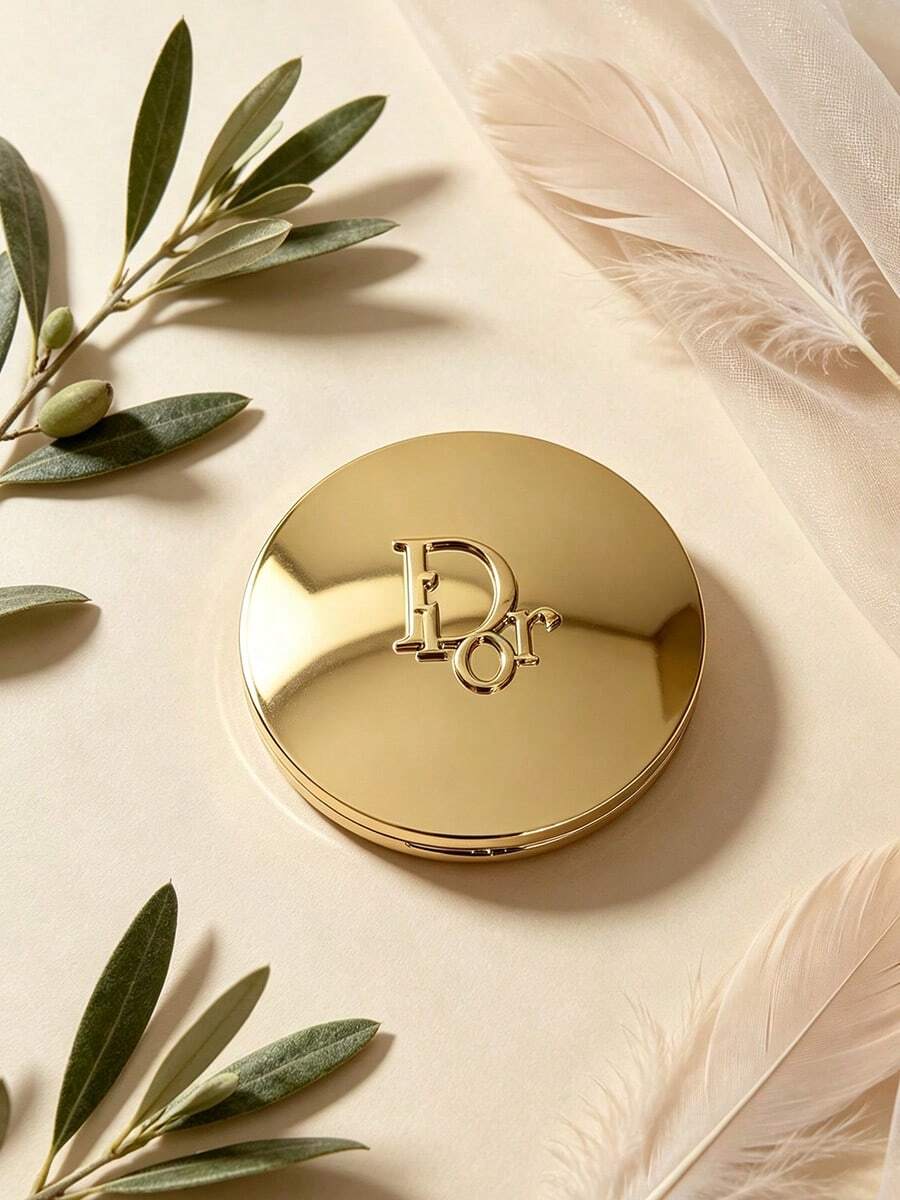 مرآة مكياج جيب محمولة دائرية بشعار Dior محفور ثلاثي الأبعاد، مزدوجة الوجه (عادية ومكبرة)، متوفرة باللونين الفضي والذهبي - الذهبي - مشاهدة 1