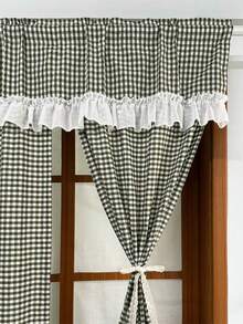 1pc Green Plaid Layered Curtain Set With Lace Ruffle Valance, Rod Pocket Farmhouse Style Cafe Curtains, Sheer Semi-Transparent For Kitchen Bathroom Small Window Decor - Green - View 6
