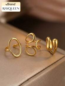 RAYQUEEN 3pcs Stainless Steel Fashion Versatile Personalized Open Rings Water Drop Set Decorative Accessories For Women, Suitable For Holiday Gifts And Daily Wear - Gold - View 10