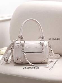 Fashionable Green Patchwork Rivet Motorcycle Bag With Adjustable Strap, Retro Sweet Cool Style Women's Crossbody Handbag For Daily Outings - White - View 9