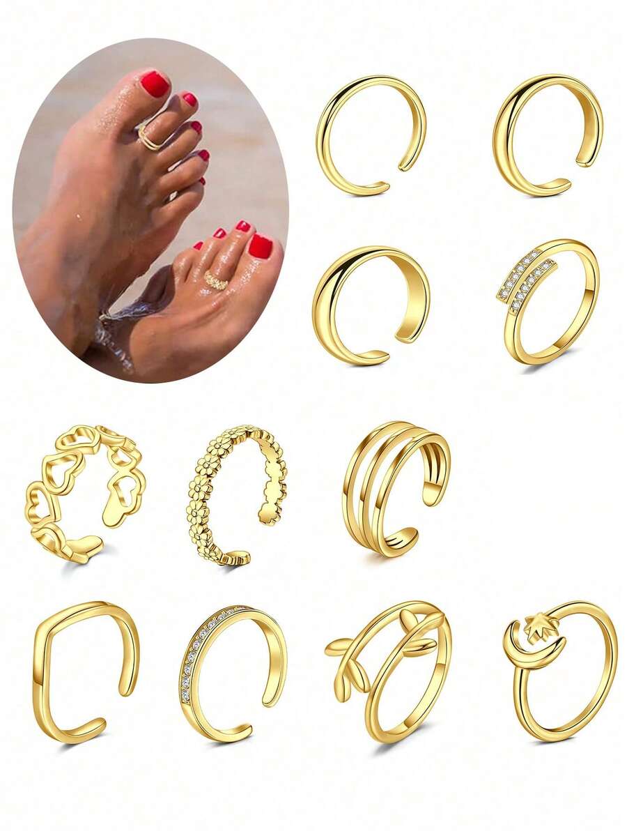 CIZME 3 piezas Anillos para dedos de los pies ajustables, Joyería para dedos de los pies con forma de corazón de circonita para mujer, Juego de anillos para dedos de los pies ajustables para el verano - Anillos abiertos para los dedos del pie - 3 - Ver 1