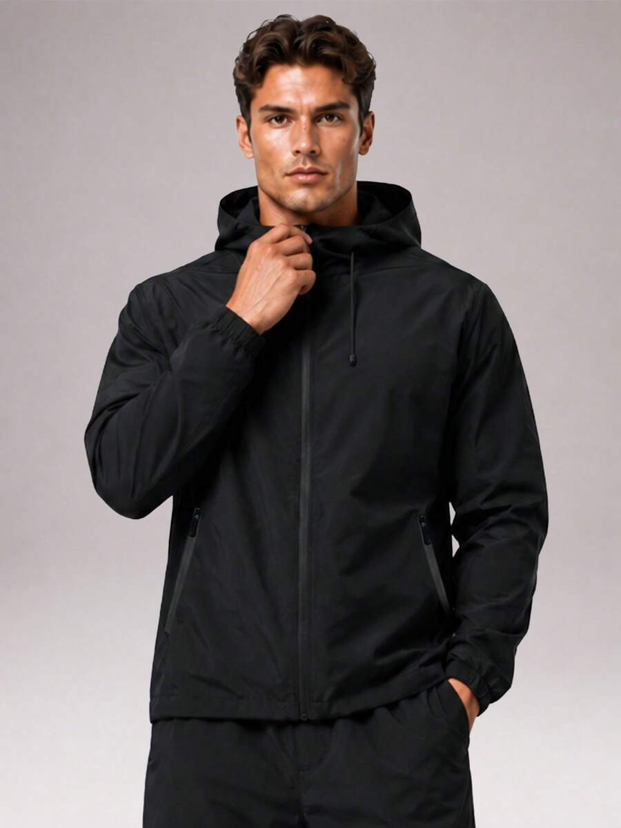 CZRLHYT Men's Hooded Drawstring Soft Shell Jacket Versatile For Sports & Casual Wear, Front Large Pocket, Ideal For Daily Outdoor Outfitsrendy All-Match - Black - View 1