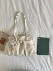 New Casual Solid Color Oxford Cloth Tote Bag, Star Pattern, Pleated Fabric Women Shoulder Bag, Aesthetic - White - View 9