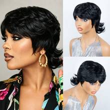 Women's 6 Inch Straight Mullet Pixie Cut Wig With Bangs Brazilian Remy Human Hair 180% Density Machine-Made No Lace Wig For Daily & Party Wear - Natural Black - View 3
