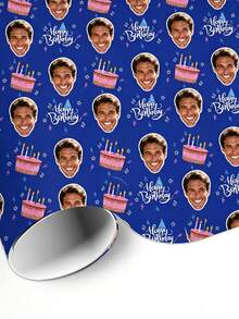 Papel de regalo personalizado Feliz Cumpleaños con tu foto de cara y patrón de pastel de cumpleaños, Rial, personalizable con cualquier foto, fácil de usar, perfecto para - Multicolor - Ver 7