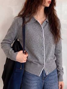 Women's Autumn/Winter Casual Minimalist Elegant Gentle Colorblock Design Lapel Cardigan Knit Sweater Fall - Grey - View 4