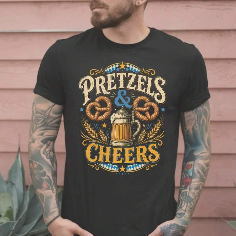 Camiseta Gráfica Unisex de Algodón Grueso para el Festival de Cerveza Oktoberfest, Pretzels and Cheers - Negro - Ver 1