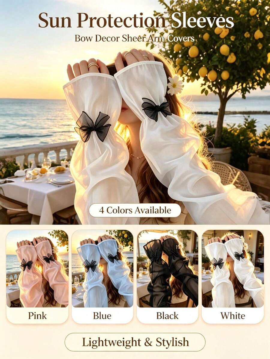 2pcs/1pc Pearl Glossy Ice Silk Sun Protection Arm Sleeves, Lightweight & Breathable, 3D Bow Flare Cuff Design, Suitable For Commuting, Travel, Driving - Multiple Styles - View 1