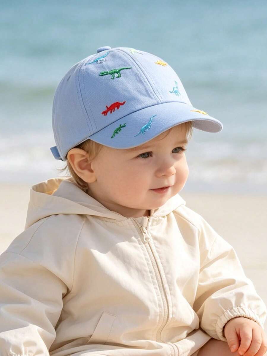 1pc Embroidered Cute Dinosaur Pattern Baby Travel Sun Protection Baseball Cap. Infant Sun Hat, Outdoor, Beach Travel Sunshade Hat, Wide Brim, Adjustable Size, Daily Wear And Gift For Friends And Family. Comfortable, Breathable And Soft. - Multicolor - View 1