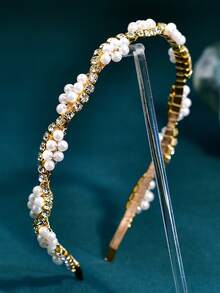 1pc Elegant Pearl Bridal Headband, Minimalist Rhinestone Narrow Headband For Wedding, Festival, Party, Daily Wear Women's Hair Accessory - Gold - View 4