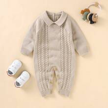 1pc Baby Knit Sweater Romper, Doll Collar Cable Knit Long Sleeve Bodysuit, Open Crotch Design, Daily Wear For Unisex Infants - Camel - View 5