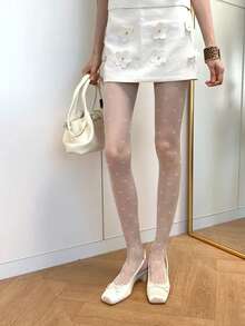 Women's White Bow Pattern Sheer Tights, Soft Stretch Pantyhose With Delicate Embroidery, Elegant Bridal, Date Night & Party Wear - Multicolor - View 6