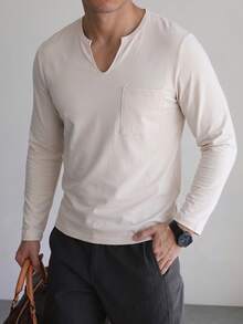 Men's Solid Color Long Sleeve T-Shirt, Small V-Neck, Pocket Design, Casual Loose Fit Base Layer Top, Spring/Autumn - Apricot - View 2