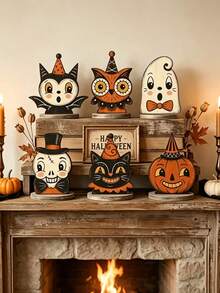 6pcs Vintage Halloween Indoor Decor, Retro Wooden Block Bookshelf Decorations, Cute Ghost, Pumpkin, Black Cat, Skeleton, Witch Owl, Housewarming Gift - Multicolor - View 15