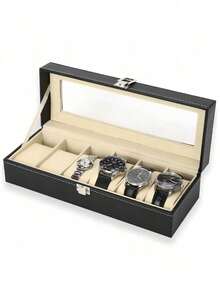 6-Slot Lockable Transparent Glass Top Watch Storage Box, Large Capacity Unisex Black PU Leather Jewelry Watch Display Organizer - Multicolor - View 9