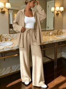 Nina Bonheur 2pcs/Set Women's Loose Comfortable Breathable Long Sleeve Top + Long Pants Cute Pajama Set - Camel - View 5