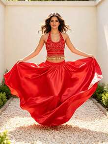 Belly Dance Embroidered Coin Trim Crop Top Glossy Satin Flowy Maxi Skirt (Multiple Colors Available) - Multicolor - View 14