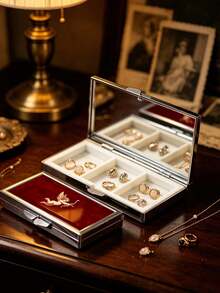 Vintage Cupid Angel Pattern Travel Jewelry Box, Portable Metal Frame Detachable Earring Storage Box, Vintage Red Enamel Small Jewelry Organizer, Multi-Compartment Grid Design For Rings, Earrings, Small Pendants And Mini Accessories - Multicolor - View 5