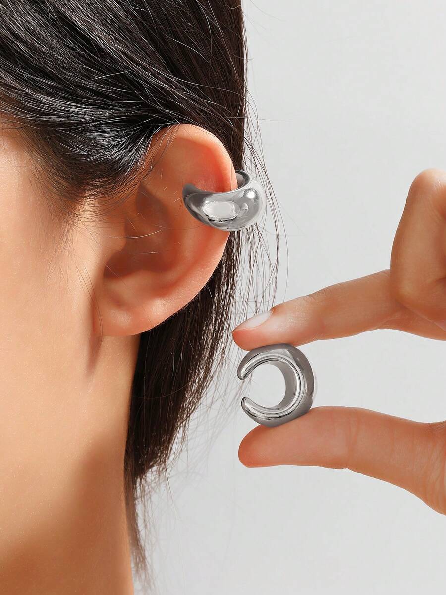 1 Pair Minimalist C-Shaped Geometric Water Drop Open Ear Cuffs, High-End Cold Style - Silver - View 1