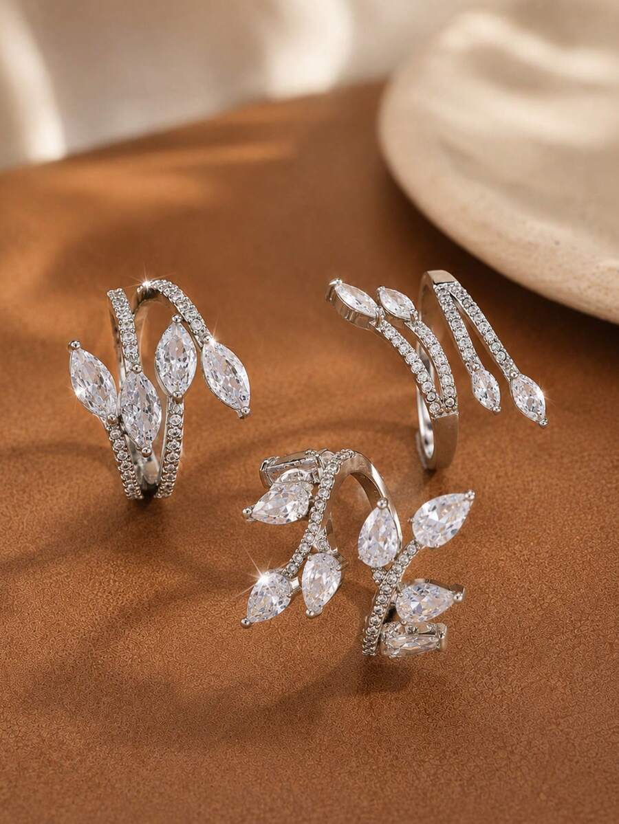 rakol 3件組時尚極簡幾何水滴多層纏繞開口戒指套組,適合女性日常、派對與節日穿搭的多功能飾品 - 款式1 - 查看 1