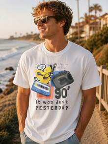 Retro Vintage,% Algodón, Estampado Gráfico de Boombox y Casete de los 90, Camiseta, Atuendo Casual de Playa para Verano, Para Amantes de laúsica Nostálgica - Negro - Ver 4