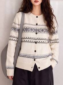 Women's Autumn/Winter Casual Minimalist Vintage Pattern Cardigan Sweater Fall - Beige - View 4