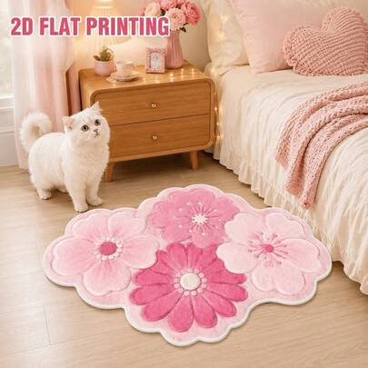 1PC Creative Asymmetrical Pink Flower Floor Mat, 2D Flat Print, Bedroom Decor, Home Leisure Carpet, Asymmetrical Size, 1-5cm Cutting Error, Living Room Carpet, Carpet, Mat, Decorative Carpet