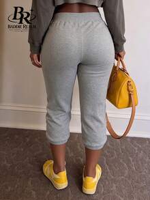 BR Women's Grey Knit Fabric Drawstring Ribbed Detail Slim Fit Casual Pants - Grey - View 6