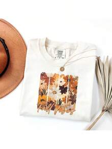 Women Boho Autumn Graphic Tee, Fall Vibes Floral Panels Painted Flower Print Casual Top, Cute Fall Season Gift, Fast Local Delivery - White - View 3