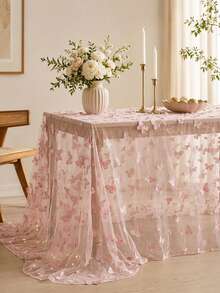 1pc Pink Butterfly Mesh Tablecloth, Double-Sided Polyester Lace Table Cover, Size 220*130cm, Wedding Decoration, Bridal Shower Decor, Birthday Party Decor, Banquet Table Decor, Anniversary Celebration, Table Decoration - Pink Butterfly - View 8