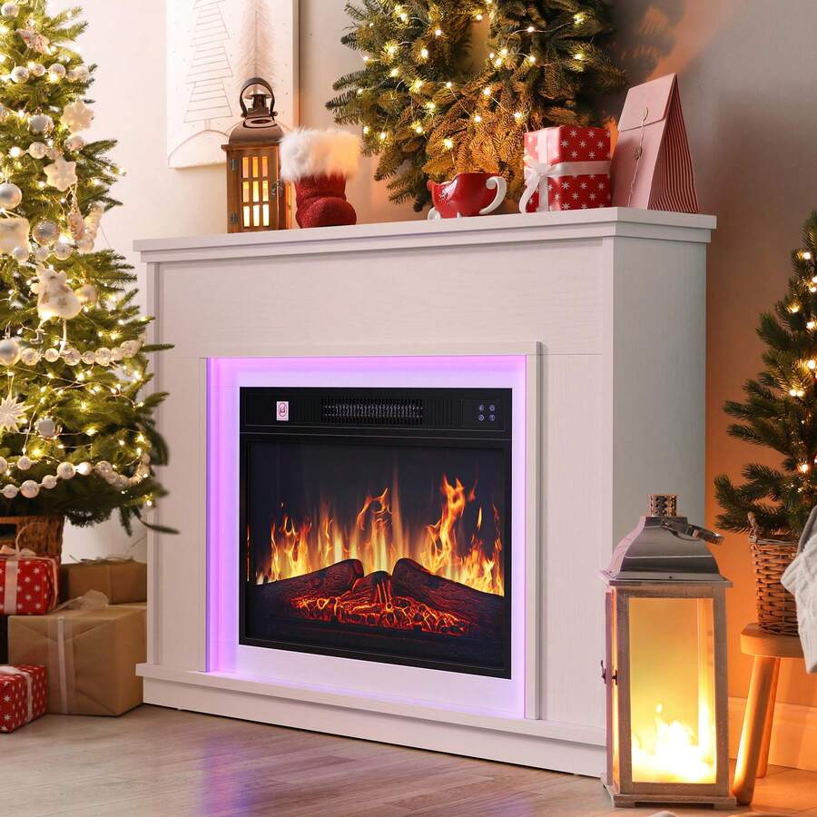 Yitahome 23 Inch Electric Fireplace Suite, Free Standing Electric Fire With Realistic Flame Effect, Timer & 16 Color LED Light Strip, 26D X 100W X 80.5H Cm - White - View 1