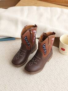 Western Cowboy Boots With Embroidery Side Zipper, Girls' Ankle Ankle Boots, Low Thick Heel Leather Princess Boots - Brown - View 2