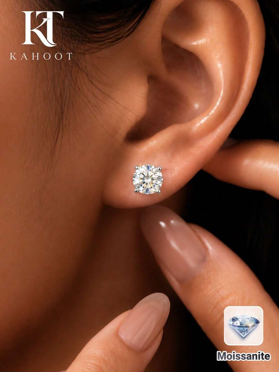 KAHOOT 1 Pair Hypoallergenic 925 Sterling Silver Moissanite Stud Earrings, Minimalist Versatile, Unisex Style, Suitable For Daily Wear