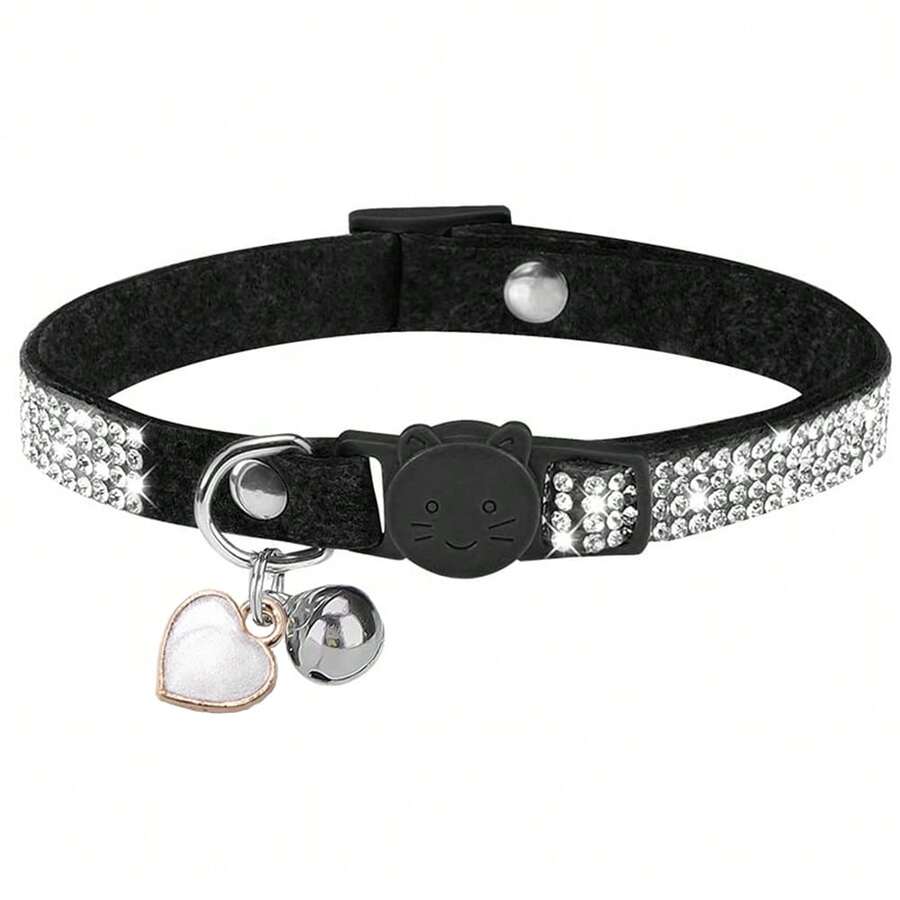 Cat Rhinestone Collar With Bell, Quick Release Safety Buckle Design, Suitable For Kittens And Small Puppies, Cute Soft Cat Collar For Women And Men - Black - View 1