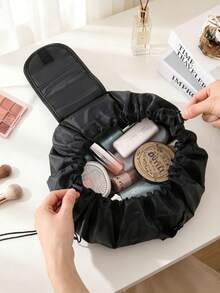 Tas Kosmetik Serut Longgar, Tas Kosmetik Perjalanan Portabel Kapasitas Besar, Tas Penyimpanan Tahan Air Buka/Tutup Cepat, Organizer Perlengkapan Mandi Wanita - Hitam - View 3