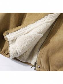 Maillard Lamb Wool Faux Fur Lapel Short Suede Jacket Zipper Jacket College Vacation Daily Autumn/Winter - Khaki - View 3