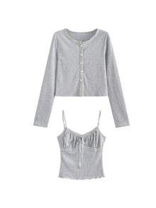 Early Autumn Korean Cute Girl Lace Tie Strap Cardigan Set - Grey - View 5
