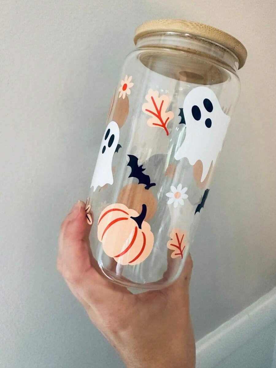 Halloween Decorative Printed Glass Cup, Ghost Pumpkin Bat Pattern With Bamboo Wood Sealed Lid, Iced Americano Beverage Cup - Multicolor - View 1