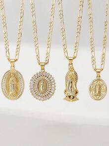 4pcs Vintage Virgin Mary Pendant Necklace, 14K Gold Plated Copper, 50cm Figaro Chain, Anti-Oxidation, Niche Low-Key Religious Style Neck Accessory, Girls Self-Wear, Communion, Birthday, Holiday Gift Jewelry - Yellow Gold - View 1