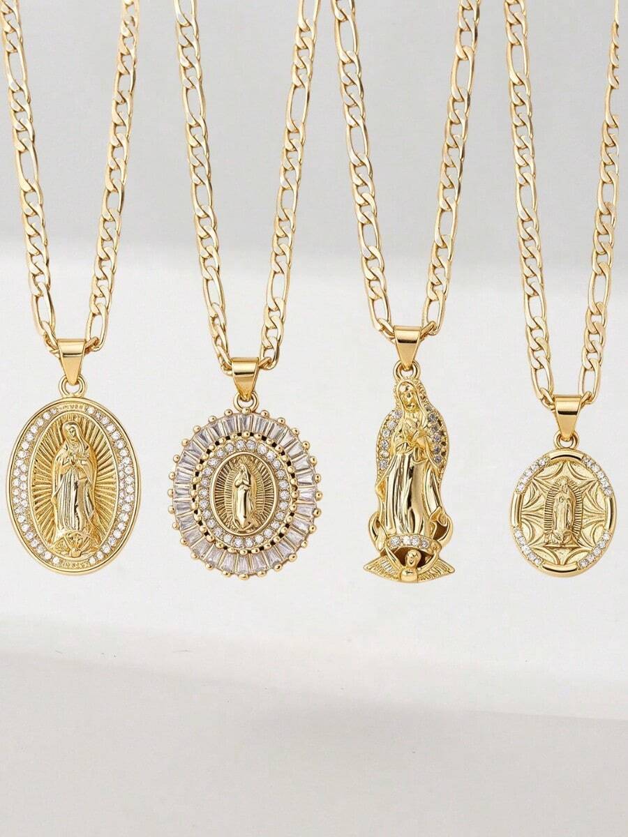 4pcs Vintage Virgin Mary Pendant Necklace, 14K Gold Plated Copper, 50cm Figaro Chain, Anti-Oxidation, Niche Low-Key Religious Style Neck Accessory, Girls Self-Wear, Communion, Birthday, Holiday Gift Jewelry - Yellow Gold - View 1