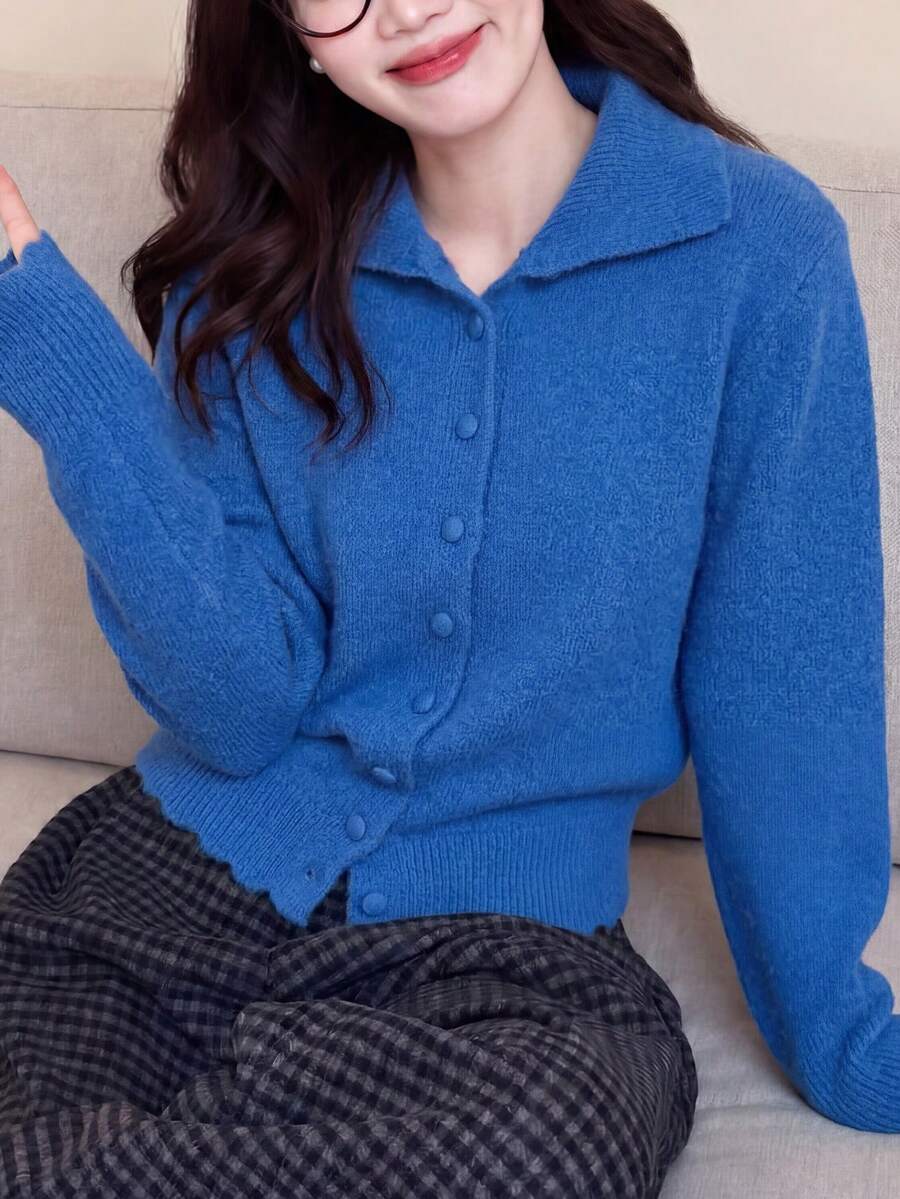 女款休閒極簡鈕扣設計針織開襟毛衣,秋冬季 - 藍色 - 查看 1